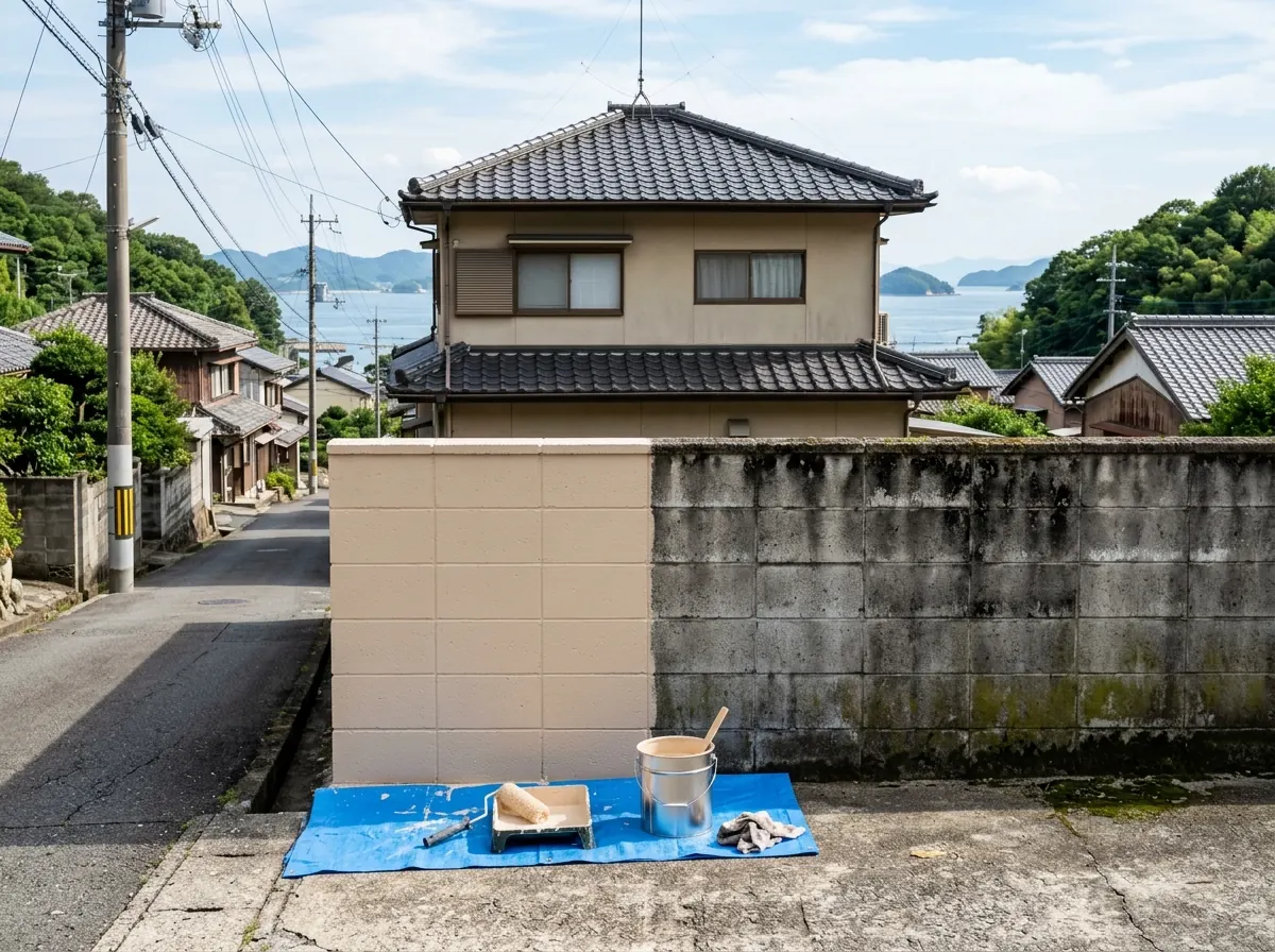 道路沿いのブロック塀で、左半分がベージュに塗られ、右半分に苔の汚れが残っている様子