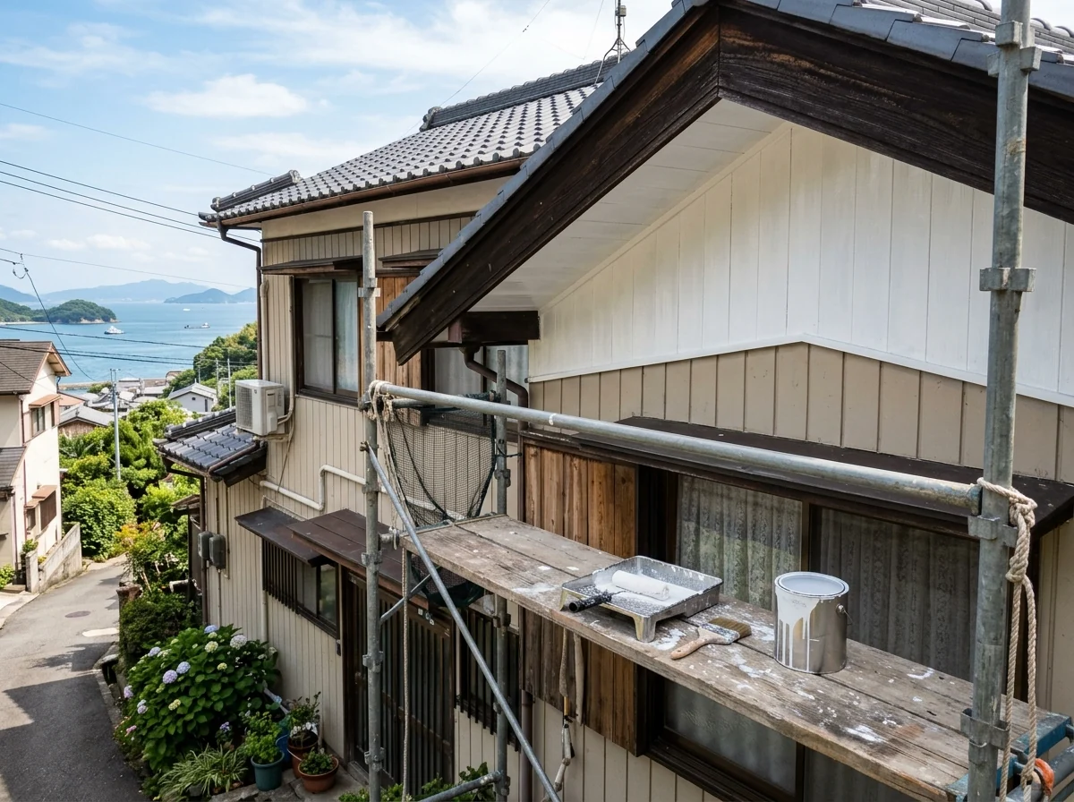 白く塗り終えた軒天とこげ茶色の破風板、足場板の上にローラーと塗料皿が置かれている様子