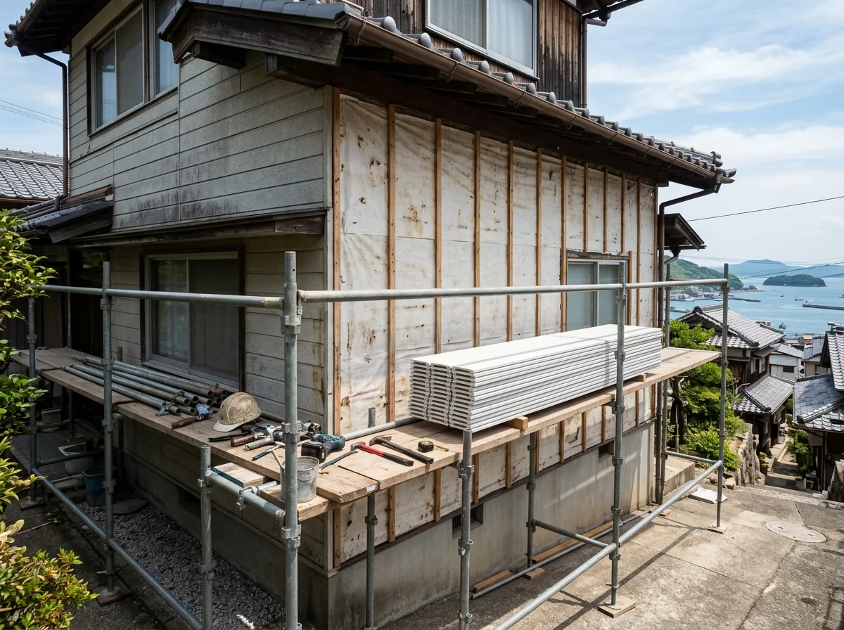 古いサイディングをはがした壁に、防水シートと胴縁が見え、新しい白い外壁材が積まれている様子