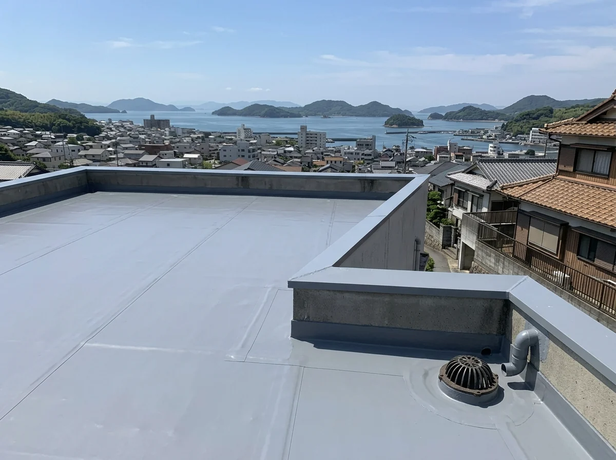 平らな屋上に新しいグレーの塩ビシートが張られ、継ぎ目が溶着され、パラペットの際に排水口がある様子