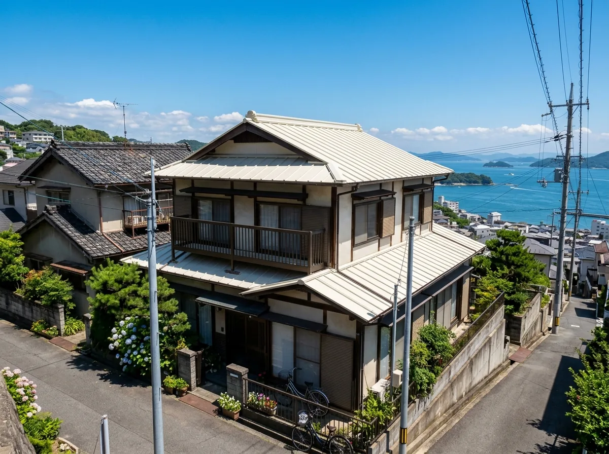 強い日差しの中、明るいオフホワイトに塗り替えた金属屋根と、隣の濃い色の屋根が並んでいる様子