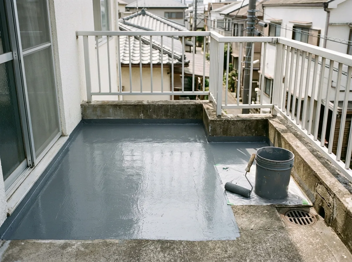 ベランダの床にウレタン防水材を塗り広げている様子
