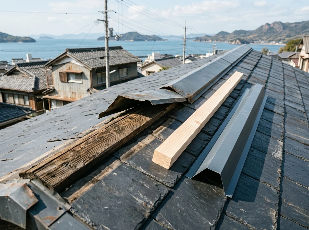 スレート屋根の棟で浮いた棟板金が外され、古い下地材が見え、横に新しい下地材と板金が置かれている様子
